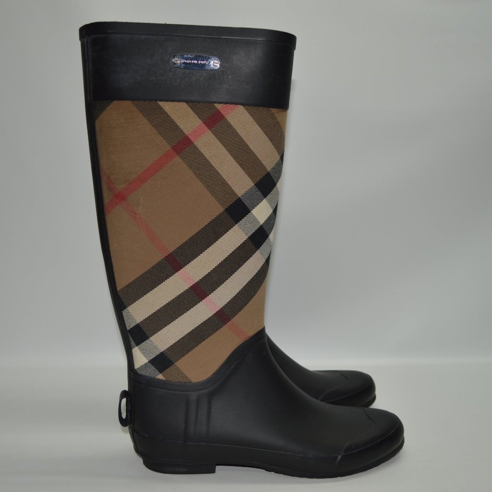 Burberry Black and Tan Plaid Winter Rain Boots